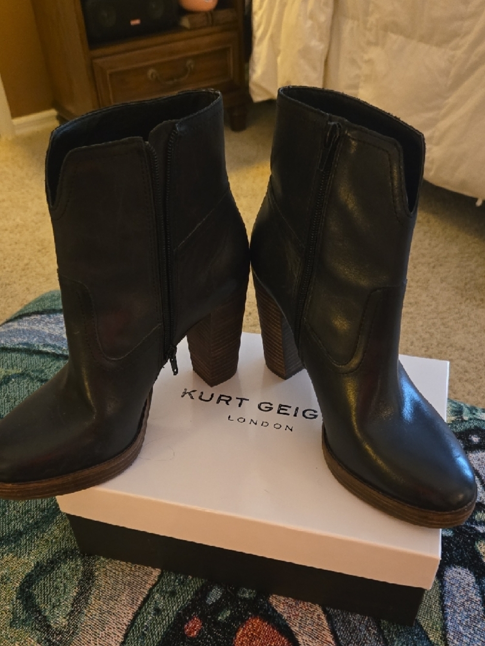 Lucky Brand Black Leather Ankle Booties with Side Zip and Stacked Heel